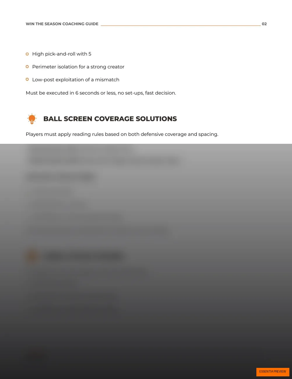 Preview of the ESSENTIA offensive ball-screen coverage page